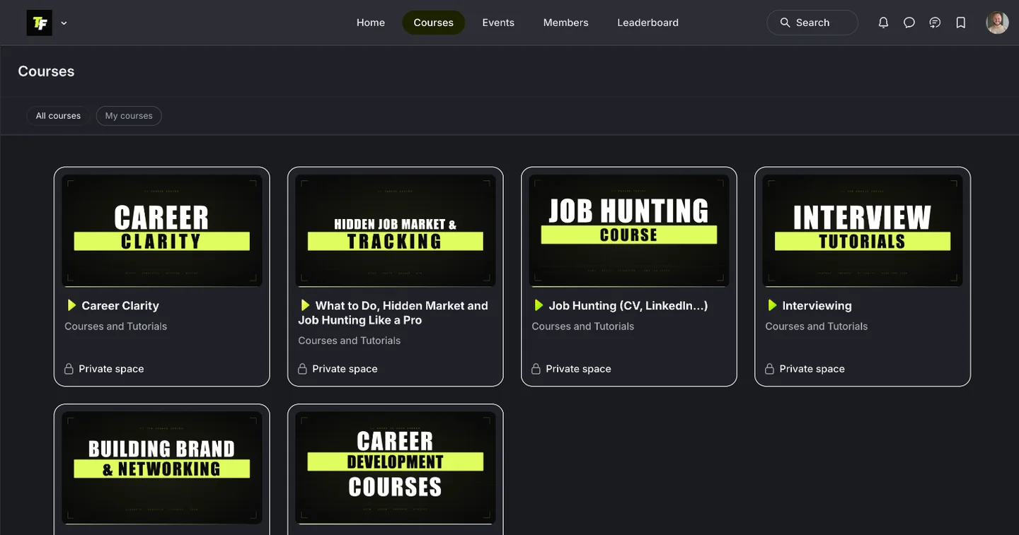 The Courses area of the ThinkFuture community showing course cards: Career Clarity, Hidden Job Market and Tracking, Job Hunting, Interview Tutorials, Building Brand and Networking, and Career Development.