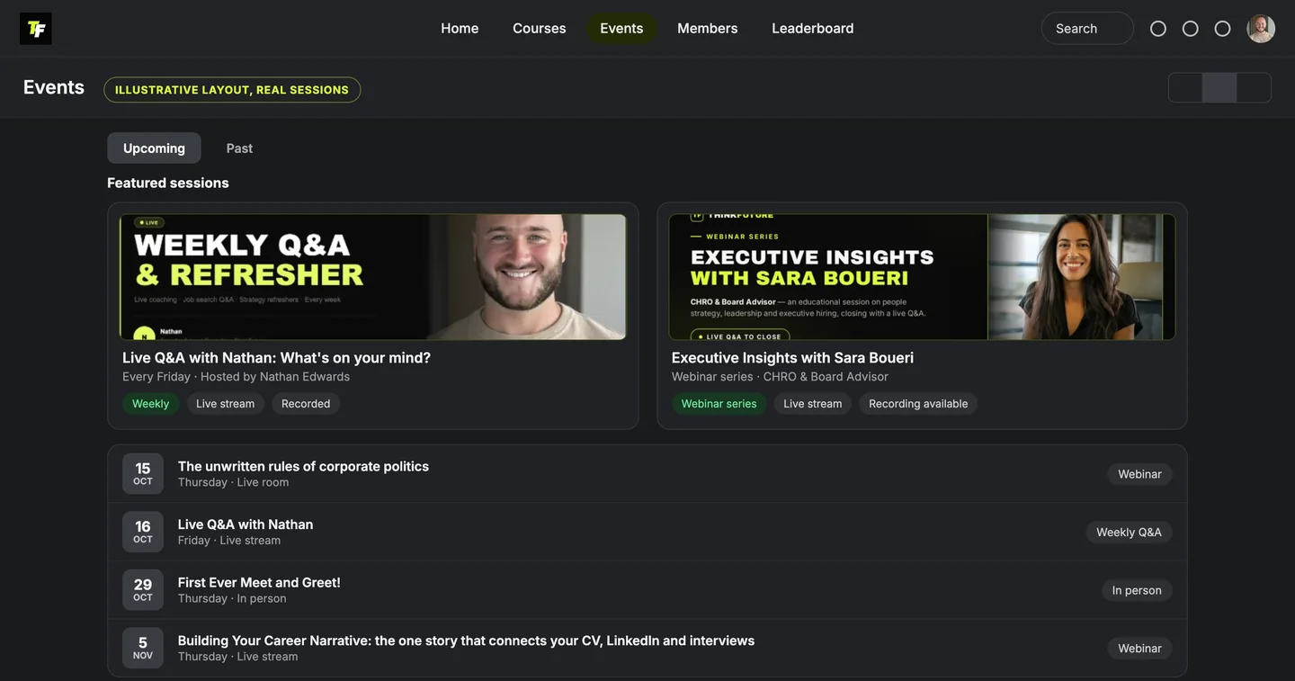 An illustrative events layout: featured banners for the weekly Live Q&A with Nathan and the Executive Insights webinar with Sara Boueri, above a list of upcoming sessions.