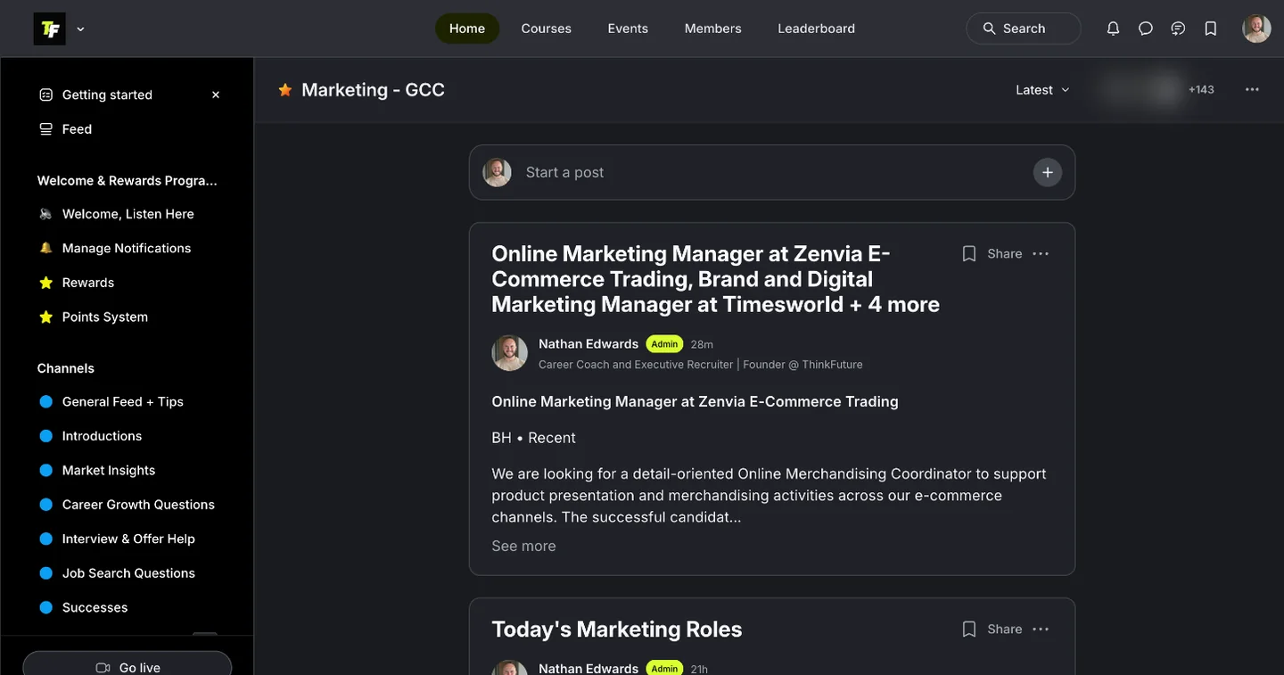 The Marketing GCC job board space with a post by Nathan Edwards listing open marketing roles. Other members&rsquo; photos are blurred.