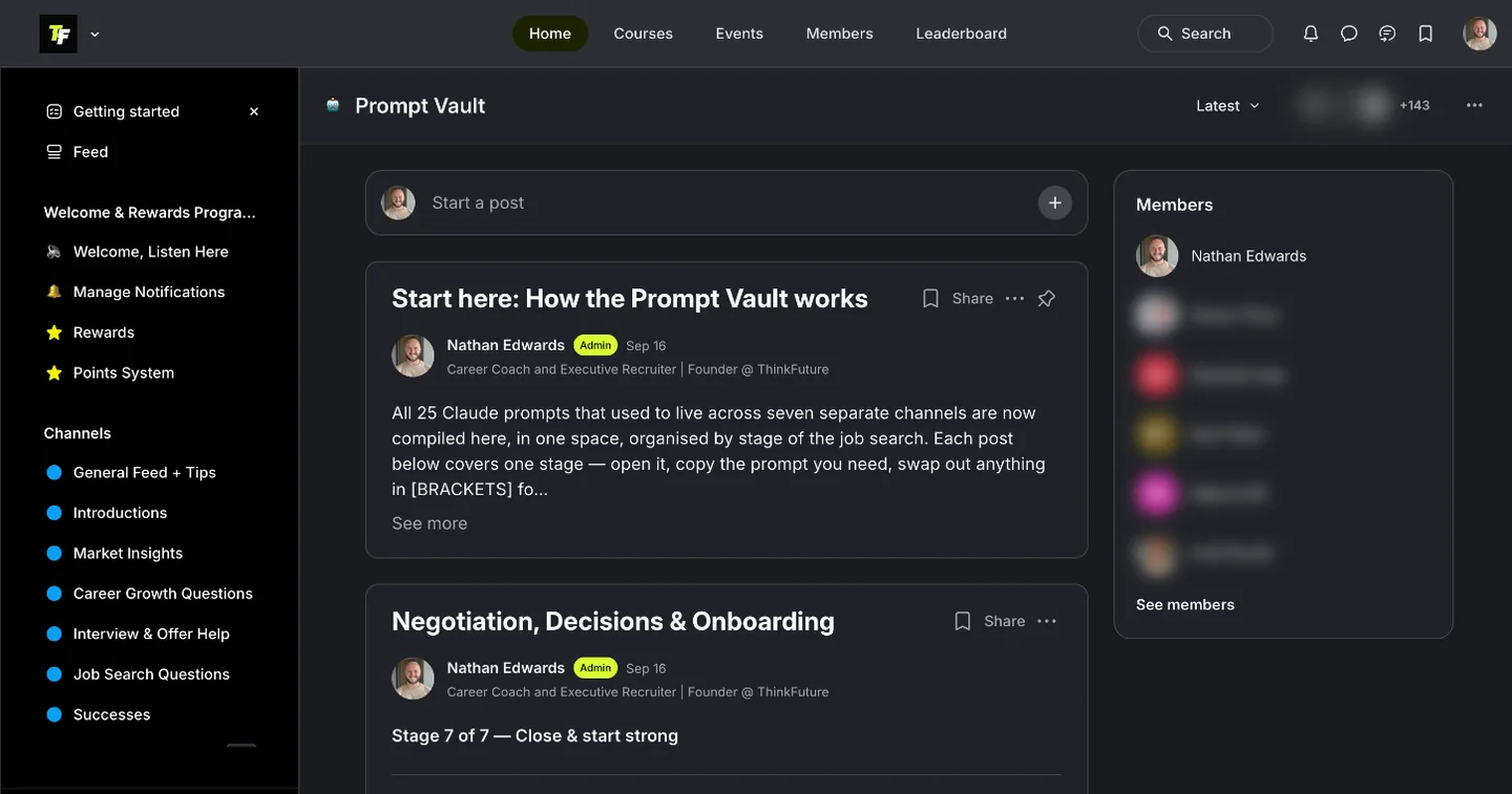 The Prompt Vault space with a pinned post by Nathan Edwards explaining how the 25 prompts work. Other members are blurred.