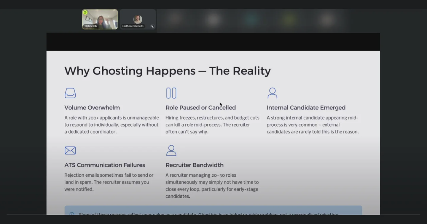 A recorded webinar slide titled Why Ghosting Happens, The Reality, with the host and Nathan visible at the top and a row of other attendees blurred.