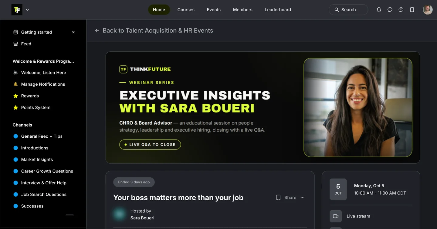 The event page for Executive Insights with Sara Boueri, CHRO and Board Advisor, from the ThinkFuture webinar series.